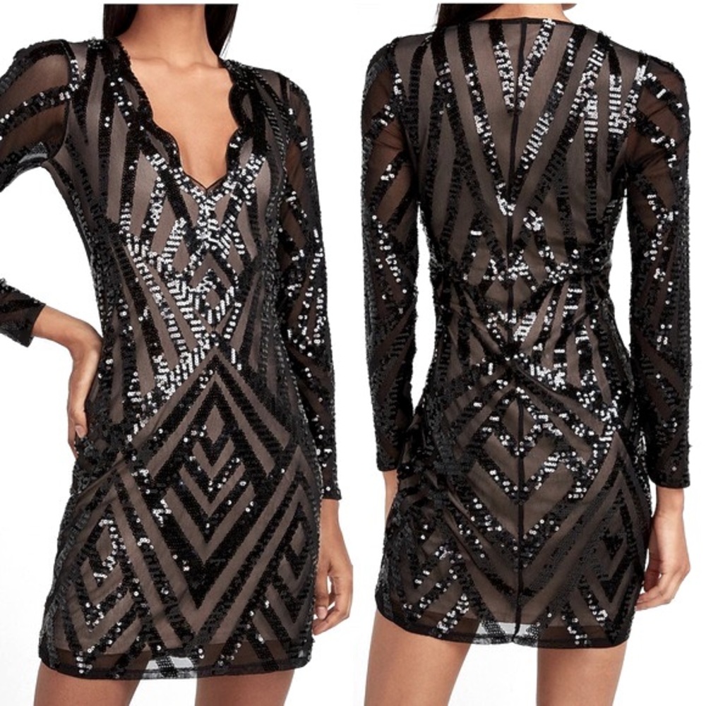 Express Black Sequin Scalloped Mesh Fitted Mini Dress, Women’s Size X-Small.